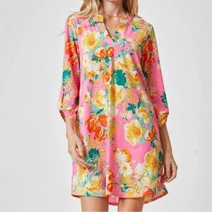Dear Scarlett Lizzy Hot Pink Yellow Floral Dress V-Neck Rolled 3/4 Sleeves 2X